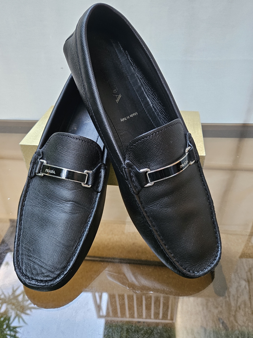 Prada Men's Black Saffiano Leather Driving Loafers Shoes Sz 10 Crafted In Italy